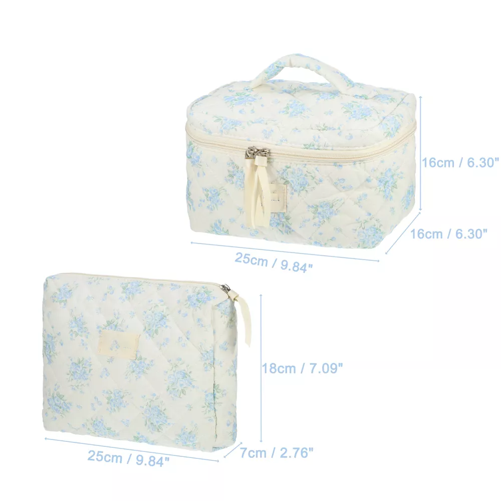 2Pcs Floral Quilted Cosmetic Makeup Bag Set