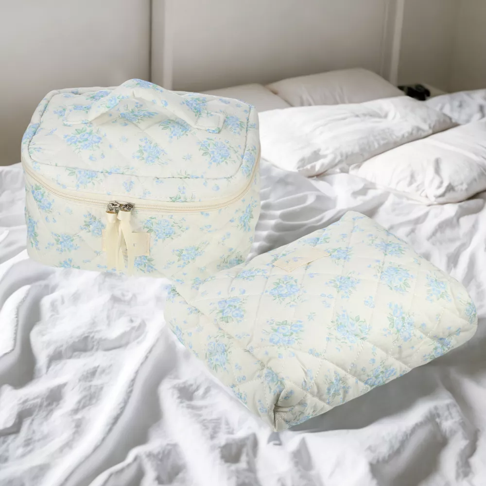 2Pcs Floral Quilted Cosmetic Makeup Bag Set